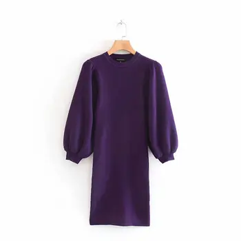 

women elegant slim knitting dress 2019 fashion girls ladies puff full sleeve purplr solid female autumn stylish sweater dresses