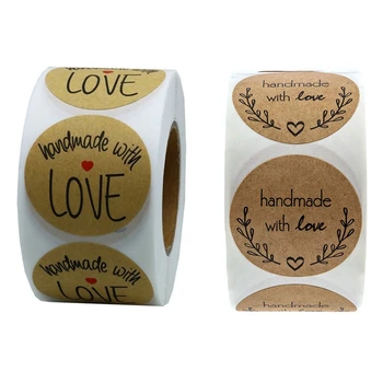 

1000Pcs 1 Inch Round Natural Kraft 'Handmade with Love' Stickers - 500Pcs Black Font & 500Pcs with Olive Branch