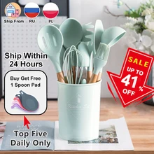 Silicone Utensili Da Cucina Set Non-Stick Spatola Pala Manico In Legno Strumenti di Cottura Set Con Strumento di Accessori Da Cucina Box di Stoccaggio