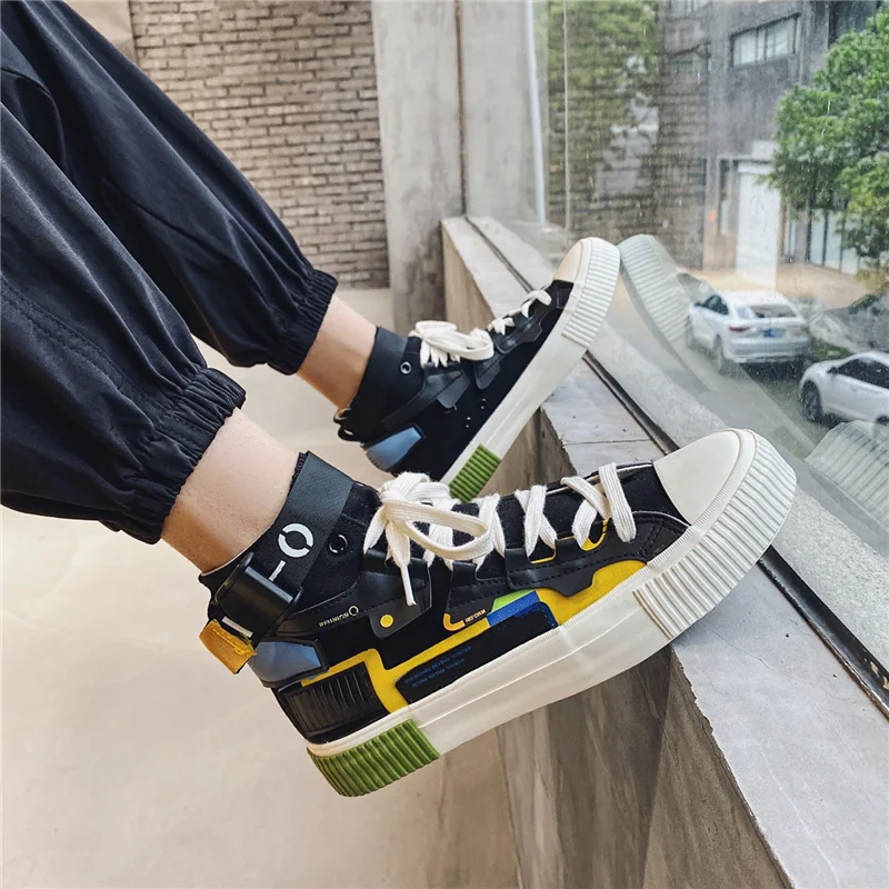 Новый дизайн модные черные высокие мужские парусиновые туфли повседневные