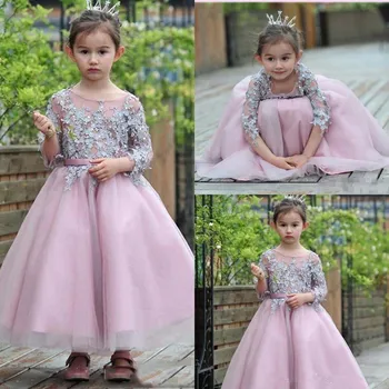 

Lace Flower Girl Dresses for Wedding Capped Short Sleeves Illusion Sheer First Holy Communion Dress with Belt Bohemian