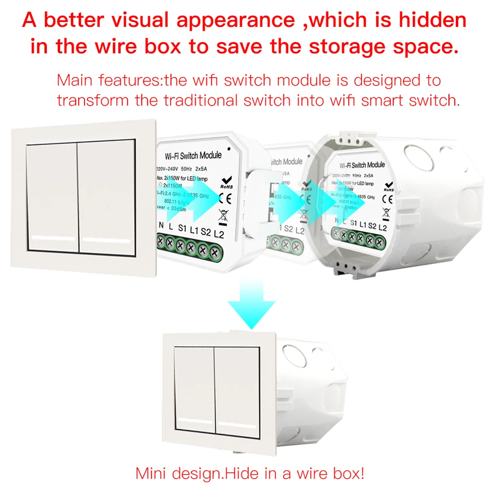 

New Concealed WIFI Intelligent Light Switch DIY Breaker Module APP Remote Control Works with Alexa Echo Google Home 2 Gang 2 Way