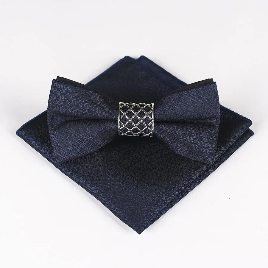 Шелковый однотонный деловой галстук-бабочка для мужчин, винтажная модная новинка, галстуки, белый черный синий Свадебный галстук-бабочка, карманный квадратный платок, набор - Цвет: black