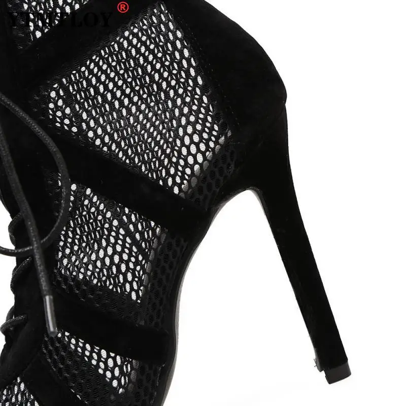 New Fashion show Black Net Fabric Cross strap Sexy high heel Sandals Woman shoes Pumps Lace-up Peep Toe Sandals Casual Mesh 3