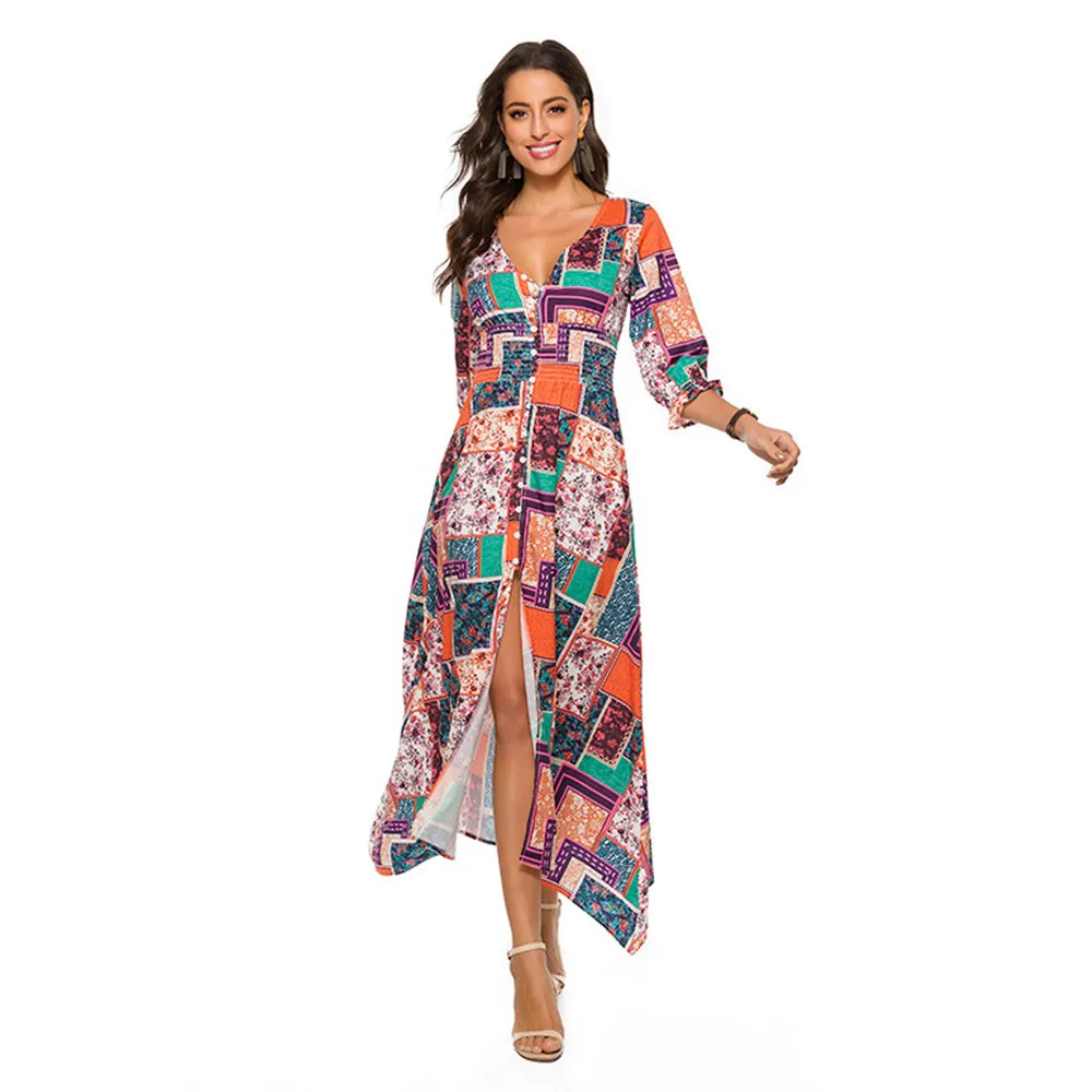 

V-Neck Print Beach Long Dress A-Line Three-Quarter Sleeve Button Elastic Waist Irregular Hem Maxi Dresses Women Summer Dress