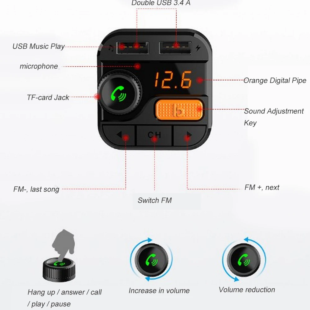 Автомобильный bluetooth-плеер Bluetooth 5,0, fm-передатчик, адаптер, беспроводное автомобильное зарядное устройство, двойной USB 3.4A, автомобильный комплект громкой связи, громкая связь