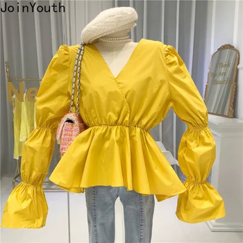 

JoinYouth Candy Color Solid Women Blouse V Neck Puff Sleeve Chic Sweet Blusas Mujer Spring Ruffles Chiffon Shirts 2020 New J509