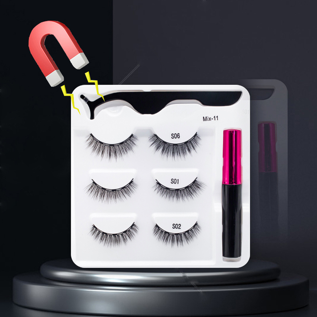 3/5/7Pairs Magnetic Eyelashes False Lashes Repeated Use Eyelashes Waterproof Liquid Eyeliner With Tweezer Makeup Set
