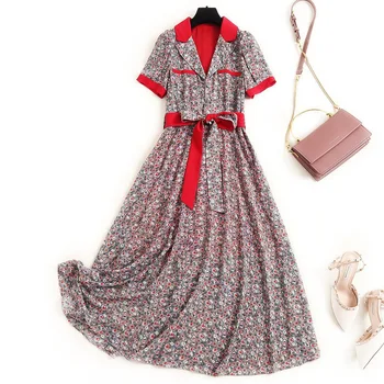

Women floral print chiffon dress summer 2020 short sleeve turn down collar sashes a-line elegant vintage dresses shirtdress