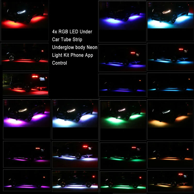 RGB светодиодный светильник под автомобильную трубу, неоновый светильник, управление с помощью приложения для телефона 60 см и 90 см