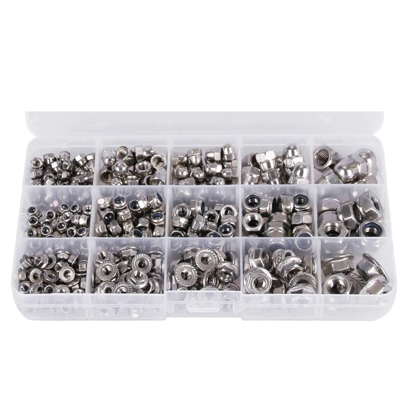 

385Pcs Flange Nut Assortment Lock Nut Kit M3 M4 M5 M6 M8 Stainless Steel Hex Nylon Insert Locknut Acorn Nuts Mufti-Functional Ha
