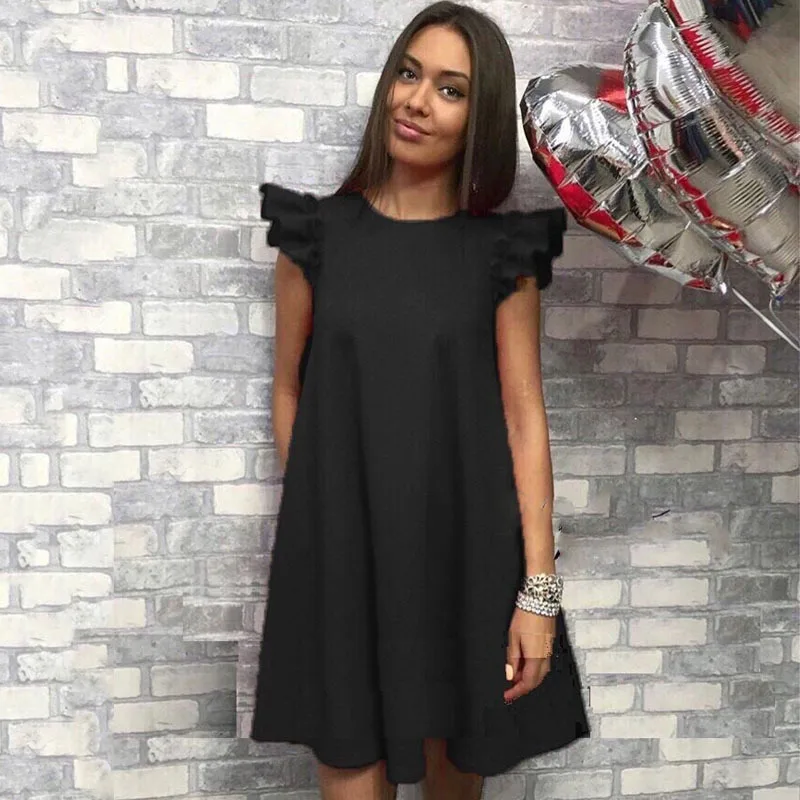 

Women Ruffle shoulder summer dress Vintage A-Line Loose short dresses Female Vestidos