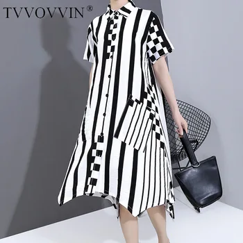 

TVVOVVIN 2020 Summer New Dress Patchwork Turn-down Collar Print A-line Single Breasted Empire Casual Loose Stripe Pocket A251