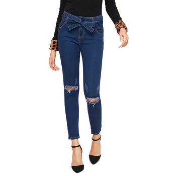 

Bow Knot Belt Knee Hole Ripped Skinny Jeans For Women High Waisted Stretchy Jeans Distressed Denim Pant Lady Butt Lifter Jeans