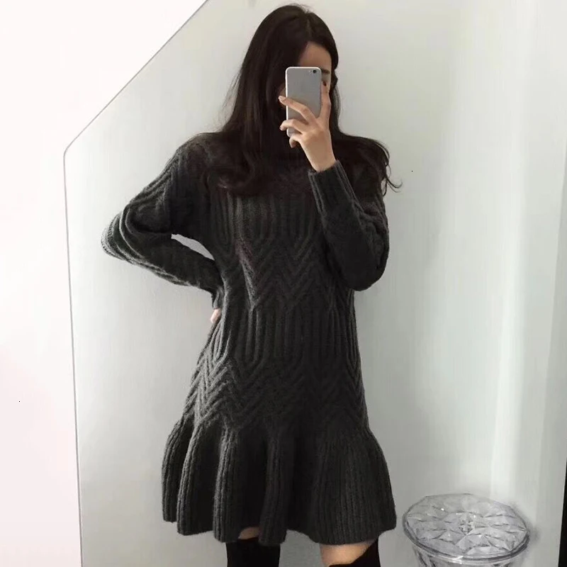 TVVOVVIN Dress Ruffles Patchwork Turtleneck Sweaters Mermaid Dresses Black Gray Vintage Knitting Dresses Autumn Winter DG188
