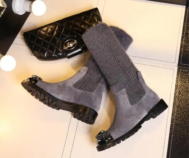 As Pic Botas Mujer; зимние вязаные сапоги; женские сапоги до середины икры; Bota Feminina; обувь со стразами; женские эластичные сапоги; Botines Mujer; коллекция года; Zapatos De Mujer - Цвет: As Pic