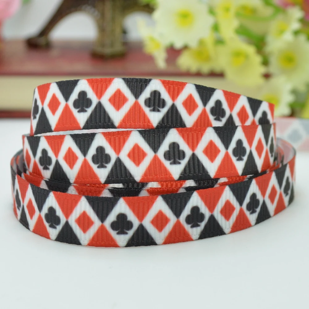 3/8&quot 9mm playing cards black red lattice Printed grosgrain ribbon hai rbow DIY handmade wholesale OEM 50YD |