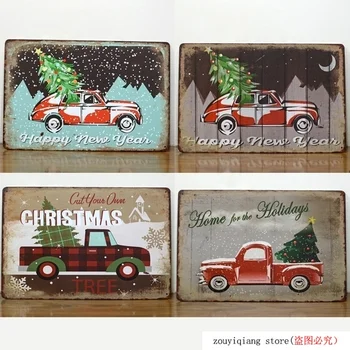 

Merry Christmas Metal Sign Merry & Bright Antique Truck and Tree