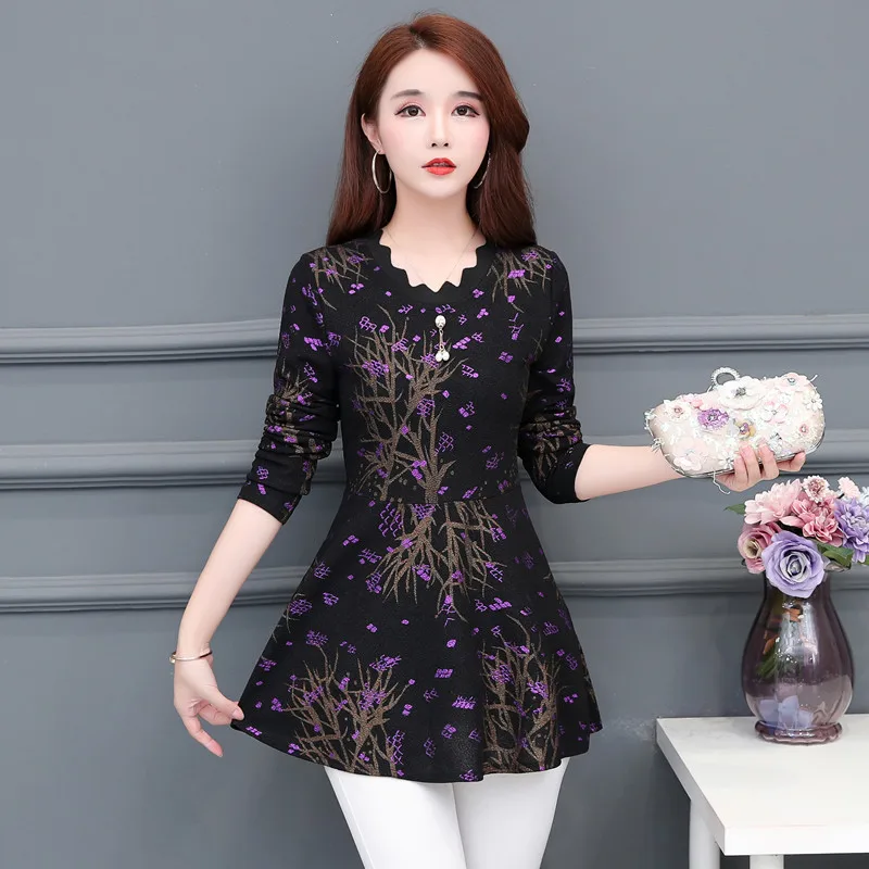 

Women's Clothing Long Shirts 2019 New Autumn Women's Bottom Blouses shirts printing Long sleeve Purple Flower Women Tops 804i6