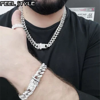 

Iced Out Paved Rhinestones 1Set 13MM Gold Gold Full Miami Curb Cuban Chain CZ Bling Rapper Necklaces For Men Hip Hop Jewelry