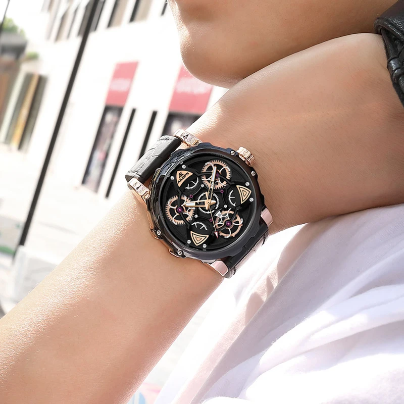 AKDPN Mens Watches Top Brand Luxury Sport style Design Quartz Watch Men Blue Leather Strap 30M Waterproof Relogio Masculino