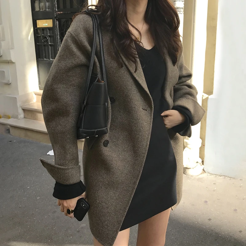 GALCAUR, корейский стиль, шикарное шерстяное пальто для женщин, воротник с лацканами, длинный рукав, большие размеры, свободные женские пальто, Осень-зима, новая одежда