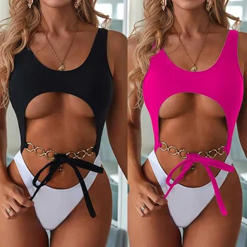 

2020 venus vacation siamese swimsuit sexy panel chain belt solid bikini sexy women swimwear good quality bathing suit