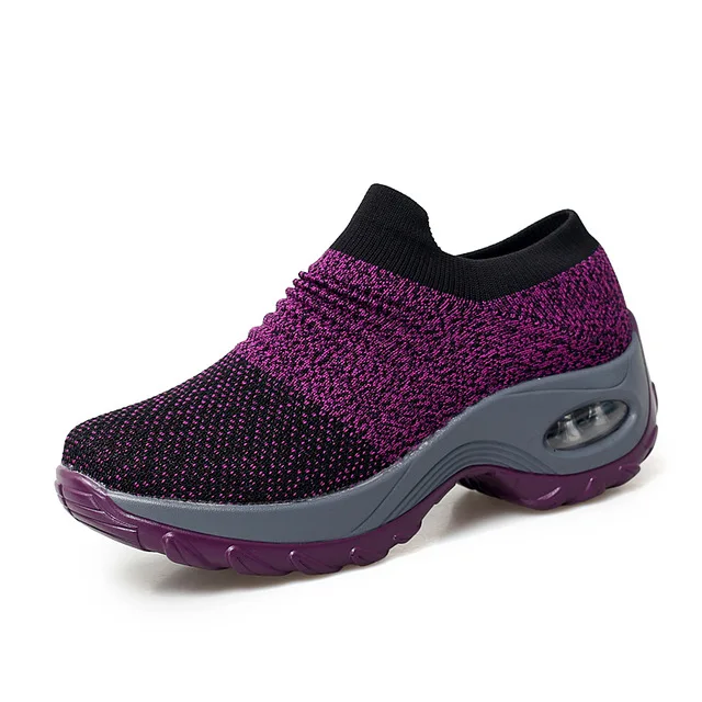Женские зимние сетчатые кроссовки на плоской подошве; женская дышащая обувь без шнуровки для бега; женская обувь на плоской подошве; эластичные Мокасины - Цвет: 1839 Purple