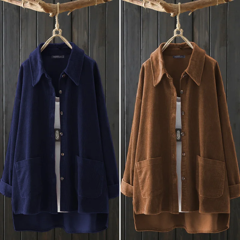 

ZANZEA Plus Size Solid Tunic Tops Women Turn-down Collar Shirts 2020 Vintage Corduroy Button-down Blouses Casual Loose Blusas