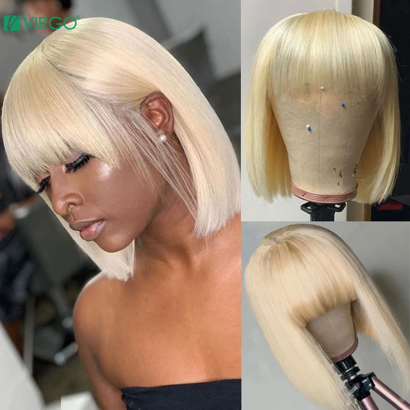 Virgo Machine Made Human Hair Wigs for Women 613 Honey Blond Bob Wig with Bangs Blond Short Wig Full Wig Free Shipping Remy