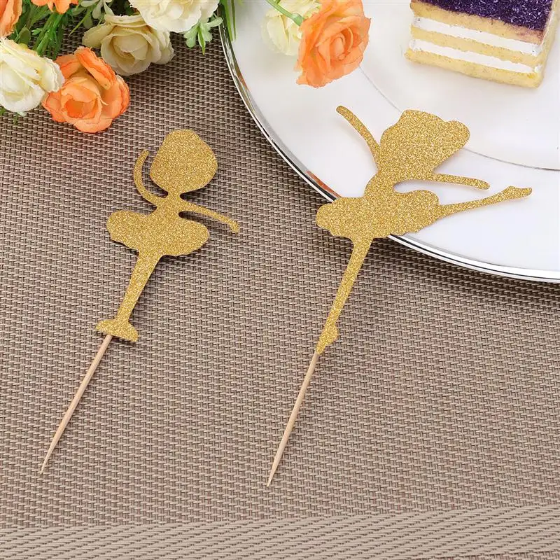 12 Pcs Cake Toppers Paper Ballet Girl Cake Fruit Picks Dessert Table Decorative Supplies(Golden