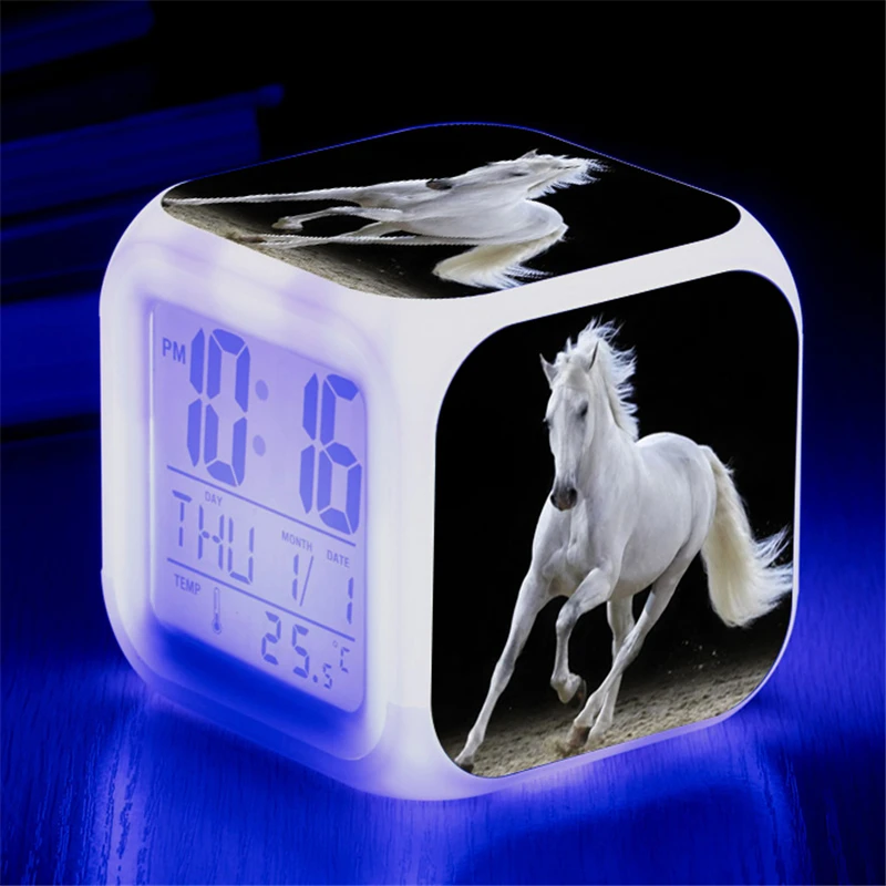 Animals Horse Digital Clocks Color Changing Despertador White Horses Led  Alarm Clocks Action Figure Light Up Toys Doll Kids Gift