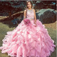 Каскадные ярусные оборки розовый бальное платье Бальные платья бусины аппликации сладкий 16 vestidos de 15 Anos Masquarade Пром платье