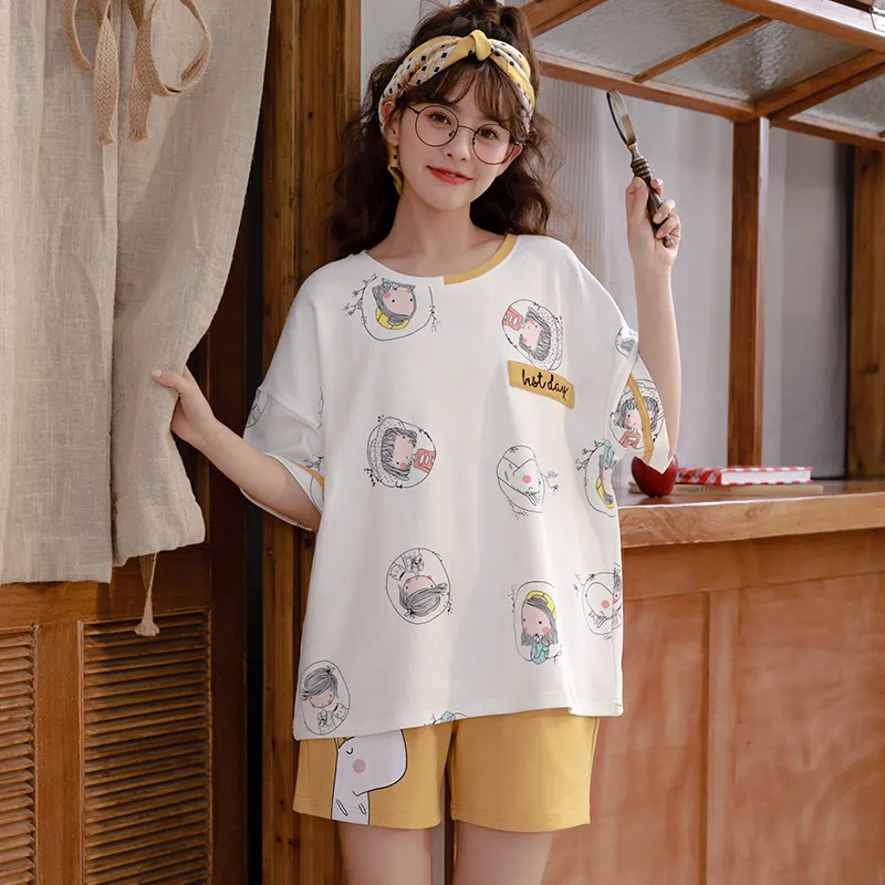 

2020 Summer Women Comfortable Cute Pajama Set Girl Print Pyjama Set Short Sleeve Sleepwear Suit Women Nightshirt Sets