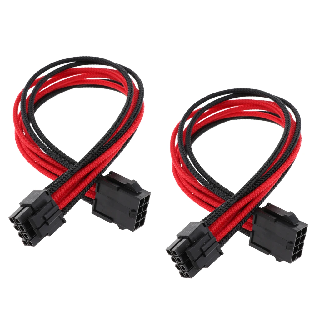 2pcs CPU 8-Pin Power Supply Extension Cable Lead ATX PSU Male to Female Cord Black Red Sleeved 30cm