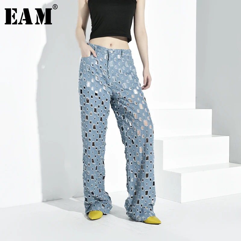 

[EAM] High Waist Blue Hollow Out Long Wide Leg Denim Trousers New Loose Fit Pants Women Fashion Tide Spring Autumn 2019 JY3130