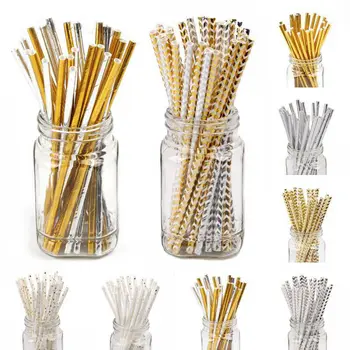 

25Pcs Paper Drink Gold Striped Straws Biodegradable Baby Shower Birthday Party