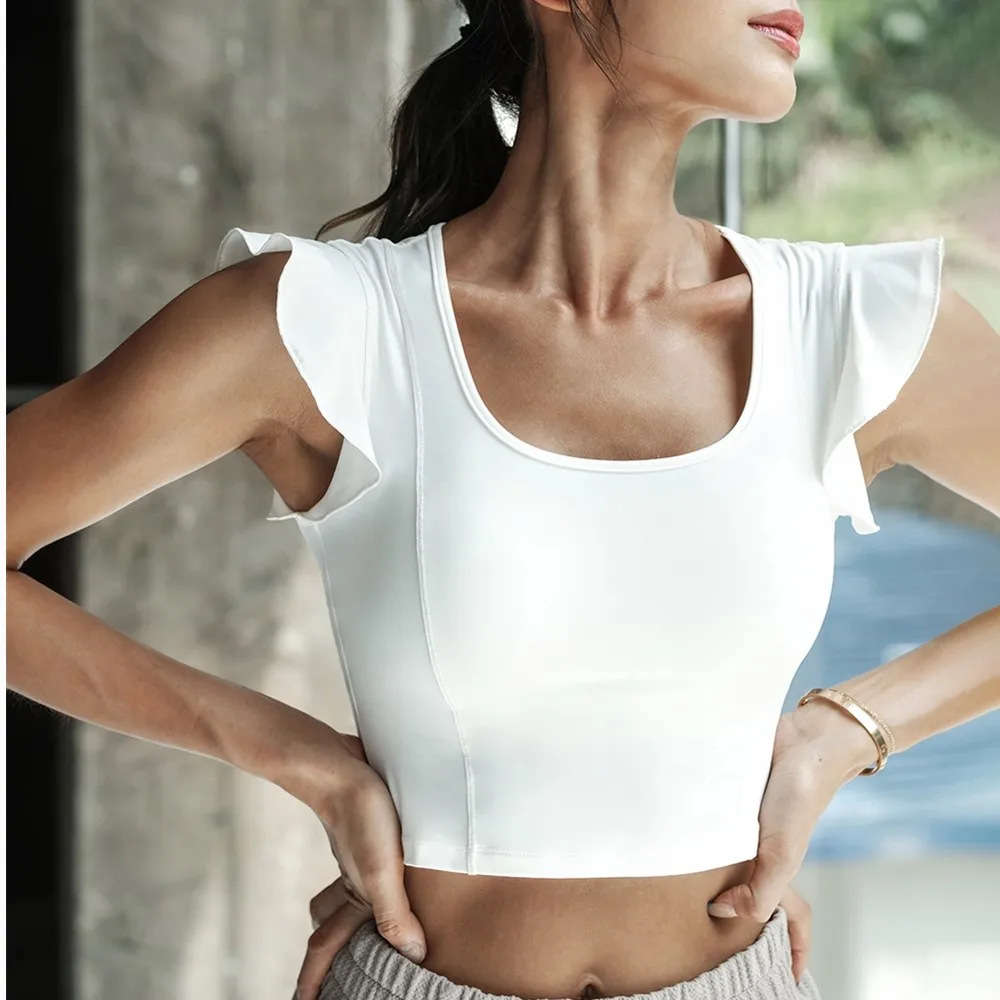 Sexy Cropped Yoga Top Short Sleeve Fitness T Shirt Women Breathable Running Training Sport T-shirt Lotus leaf Gym Fitness Tops