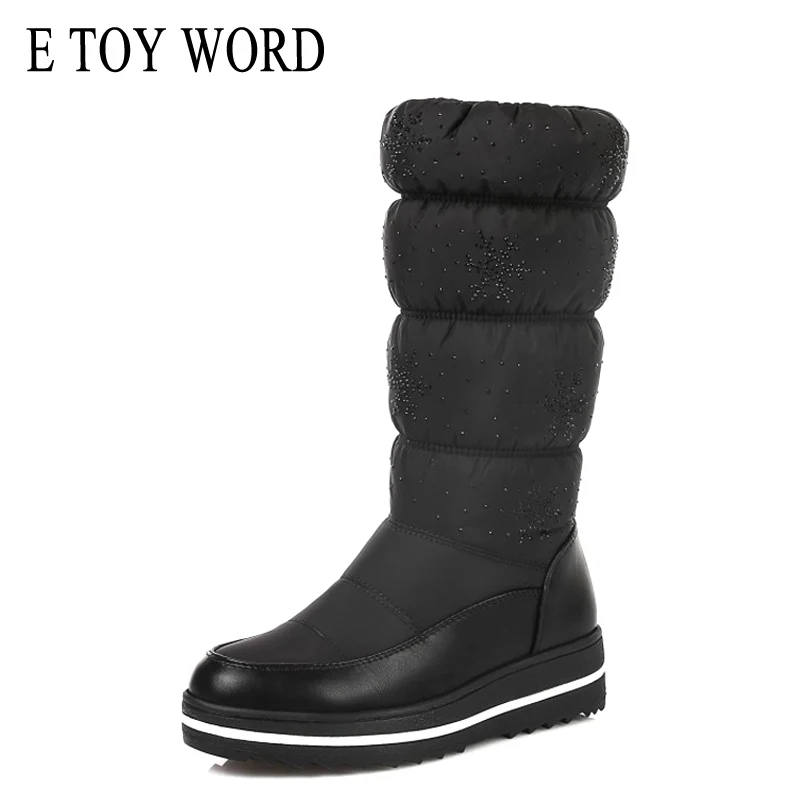 E TOY WORD Newest Snow Boots Women warm cotton down shoes Rhinestone winter waterproof boots platform mid calf boots black