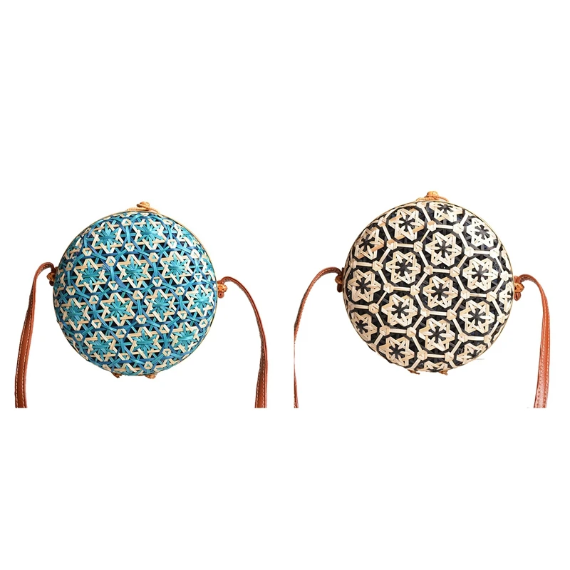 

ABZC-2Pcs New Round Straw Beach Bag Circle Rattan Bag Women Handbag Colorful Flower Pattern Female Message Shoulder Bag - Sky Bl