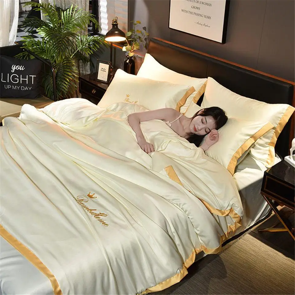 Home Textile Double Bed Linen Luxury Washed Silk Bedding Set Single Embroidery Bed Sheets Set King Queen Size Solid Color