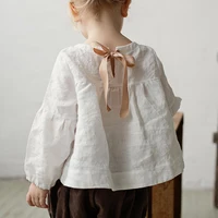 Chic Back Bow Tie Linen Shirt Girls 2024 New Solid Color Casual Loose Baby Kids Long-Sleeved Blouse Autumn Clothes 1