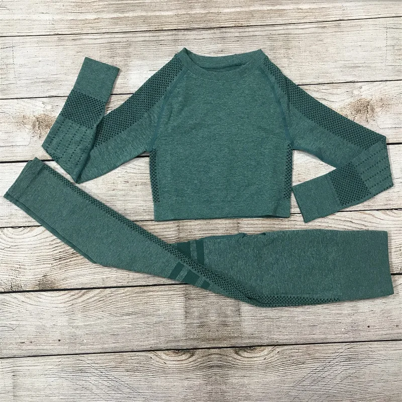 Set dark green Женский комплект для йоги, комплект для йоги с высокой талией, бесшовные леггинсы для тренировок, штаны для йоги, комплект для спортзала, леггинсы, штаны для фитнеса, спорта, тренировок, йоги, костюм - Цвет: Set dark green