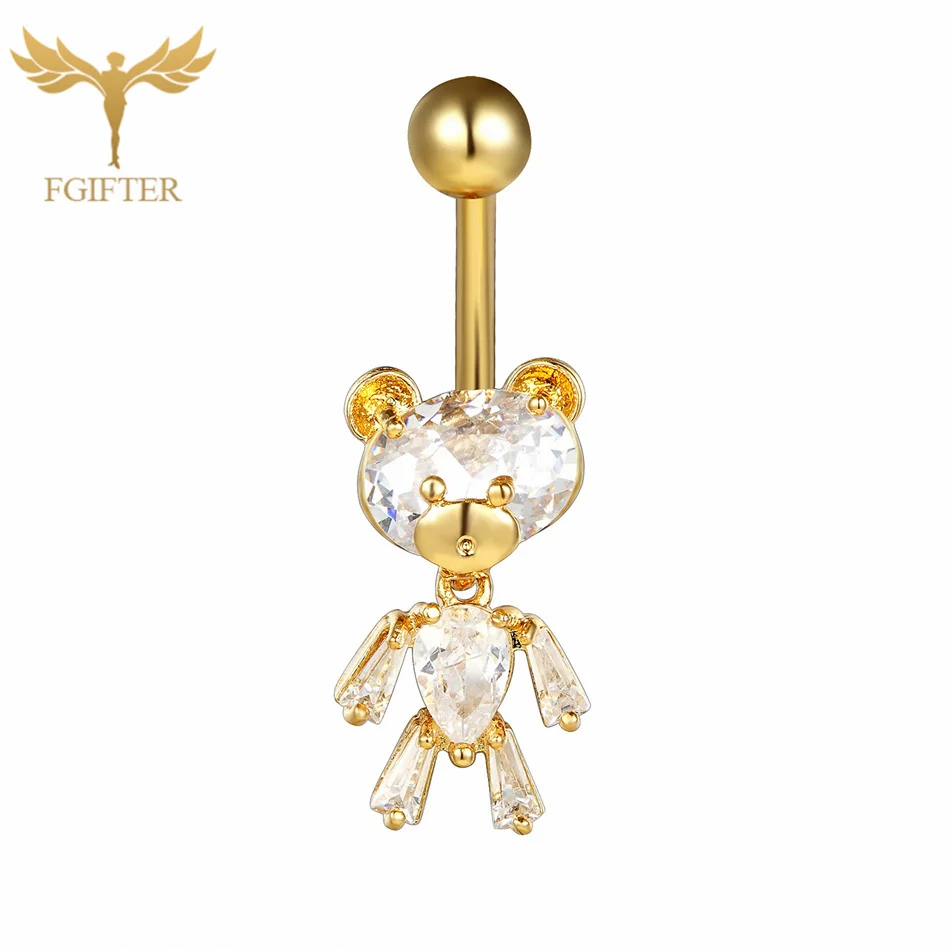 Zircon Bear Belly Button Ring Bulk Gold Rose Siliver Gold Color Navel Earring 14G Steel Titanium Barbell Women Bar Body Jewelry