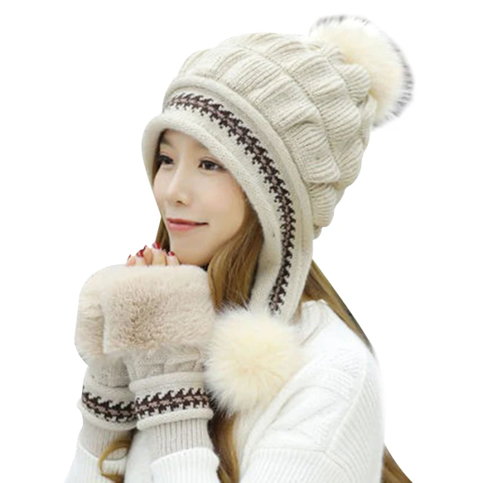 Модная женская вязаная шапка, набор перчаток, Рождественский Теплый головной убор, полный набор перчаток для зимы HSJ88