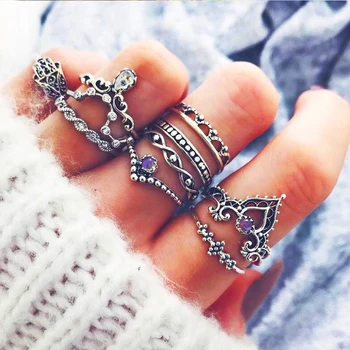 

Tocona 10pcs/Set Vintage Antique Silver Color Hasma Hand Ring Set Flower Knuckle Midi Finger for Women Carving Rings Gifts 4225