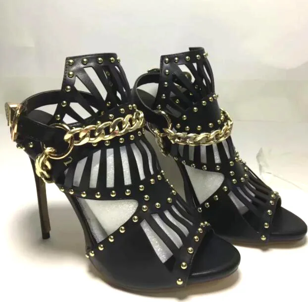 

Golden Metal Buckle Women Rivets Studs Sandals Slipper High Heels Peep Toe Summer Geometric Cut Out Gladiator Slide Shoes Woma
