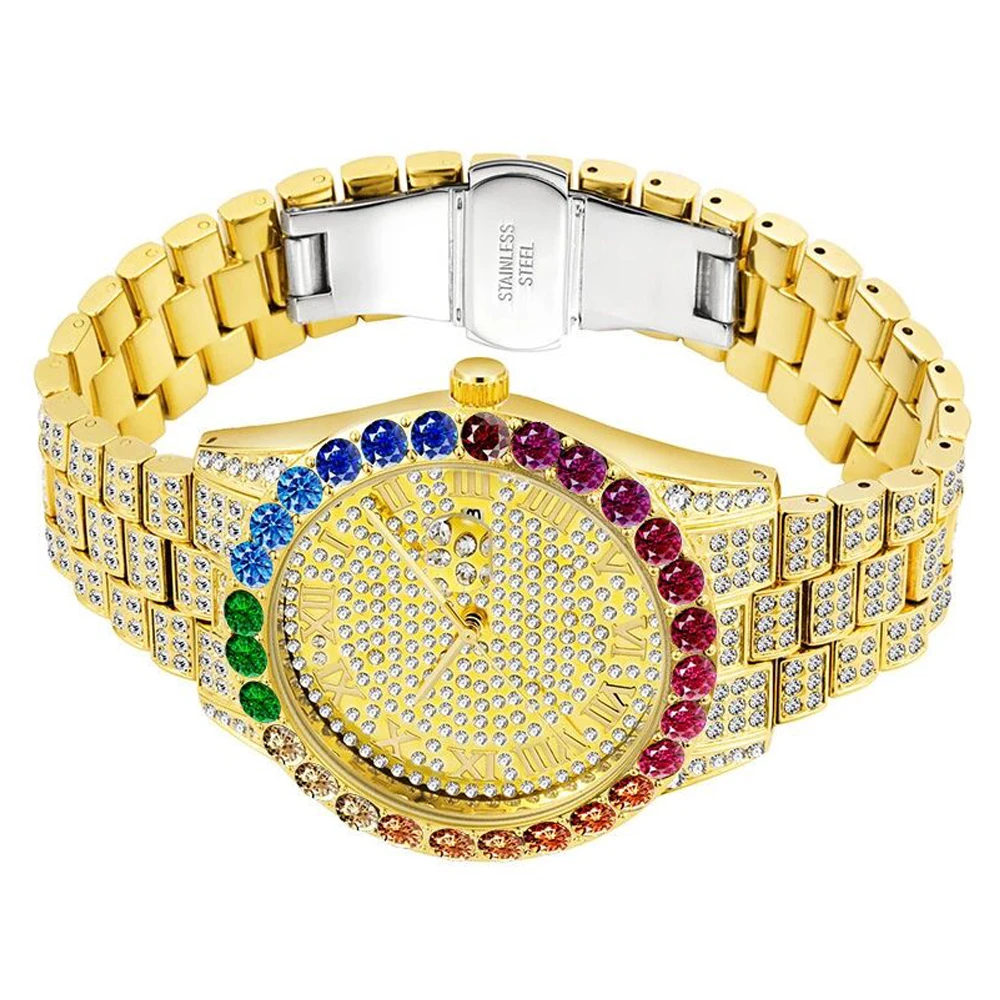 hip hop iced out Men's Watches Top Brand Luxury 18k Golden Quartz Watch Men Calendar Men's Waterproof Analog Fashion full Diamond Clock  (6)