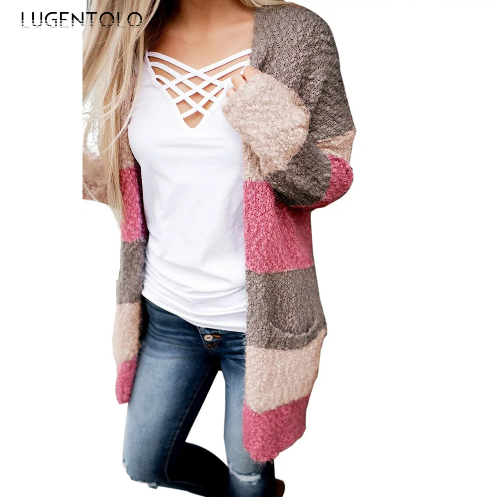 Lugentolo Womens Sweaters Winter New Fashion Pocket Sweater Long Long Sleeve Multicolor Stitching Knit Cardigan