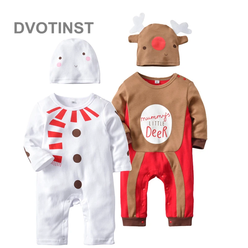 Dvotinst Baby Boy&Girl Clothes Long Sleeve Christmas Deer Bodysuit+Hat 2pcs Set Romper Playsuit Outfit Infant Toddler Jumpsuit